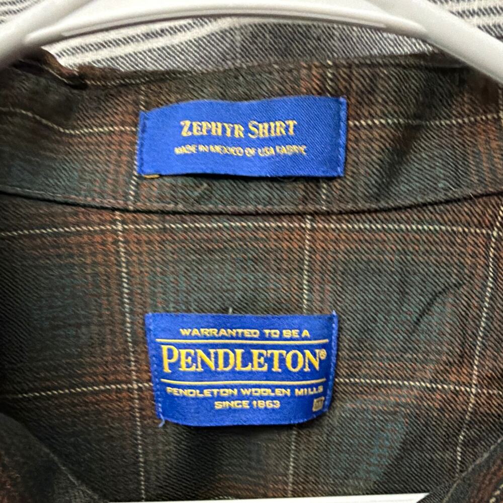 Pendleton Zephyr Shirt Men’s XL 100% Wool Green Brown Plaid USA Fabric